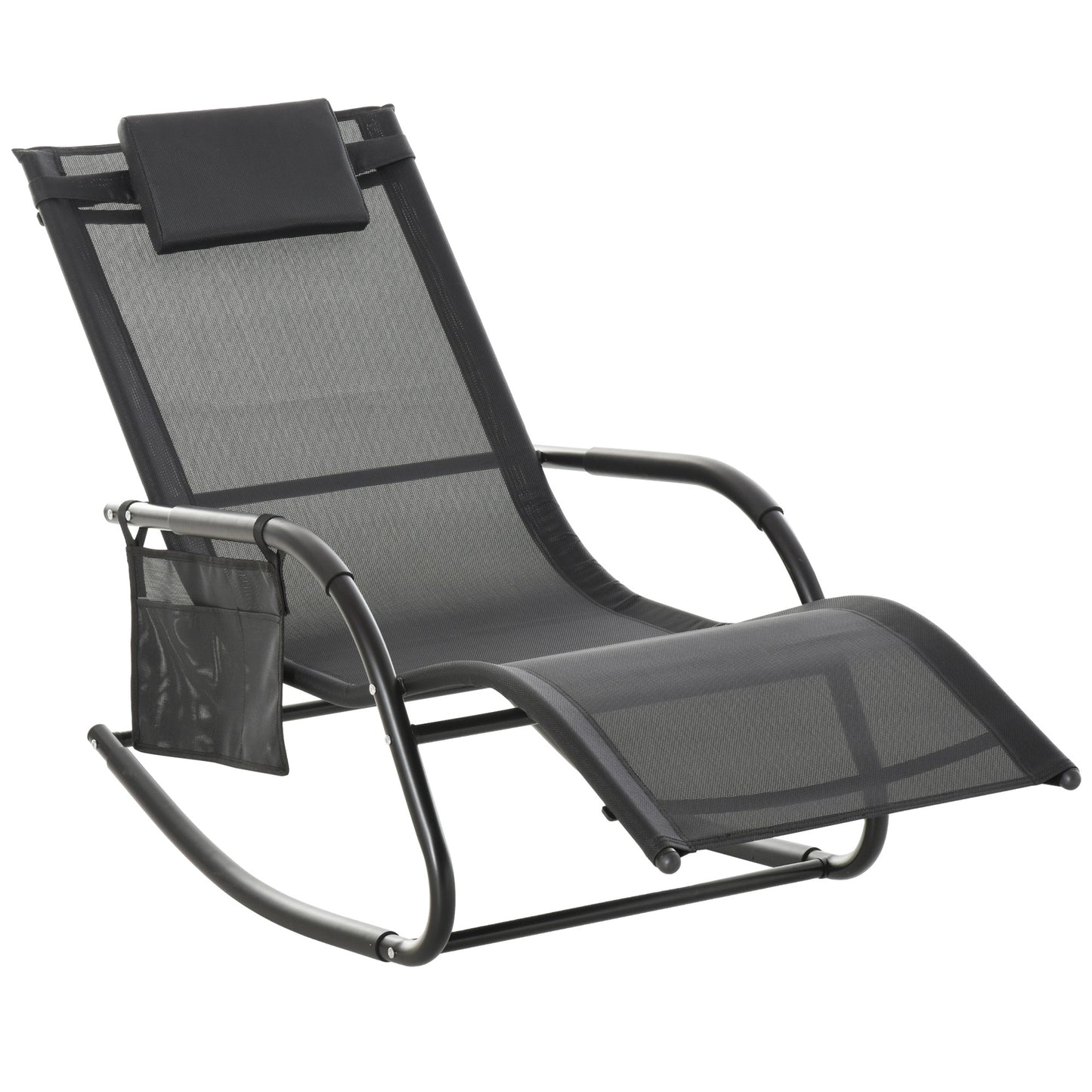 Patio Rocking Chair with Mesh Fabric, Outdoor Rocking Sling Sun Lounger with Removable Headrest and Side Pocket for Gard