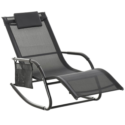 Patio Rocking Chair with Mesh Fabric, Outdoor Rocking Sling Sun Lounger with Removable Headrest and Side Pocket for Gard