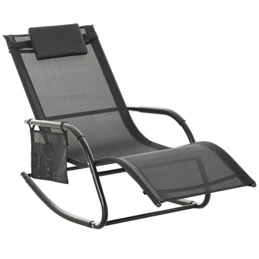Patio Rocking Chair with Mesh Fabric, Outdoor Rocking Sling Sun Lounger with Removable Headrest and Side Pocket for Gard