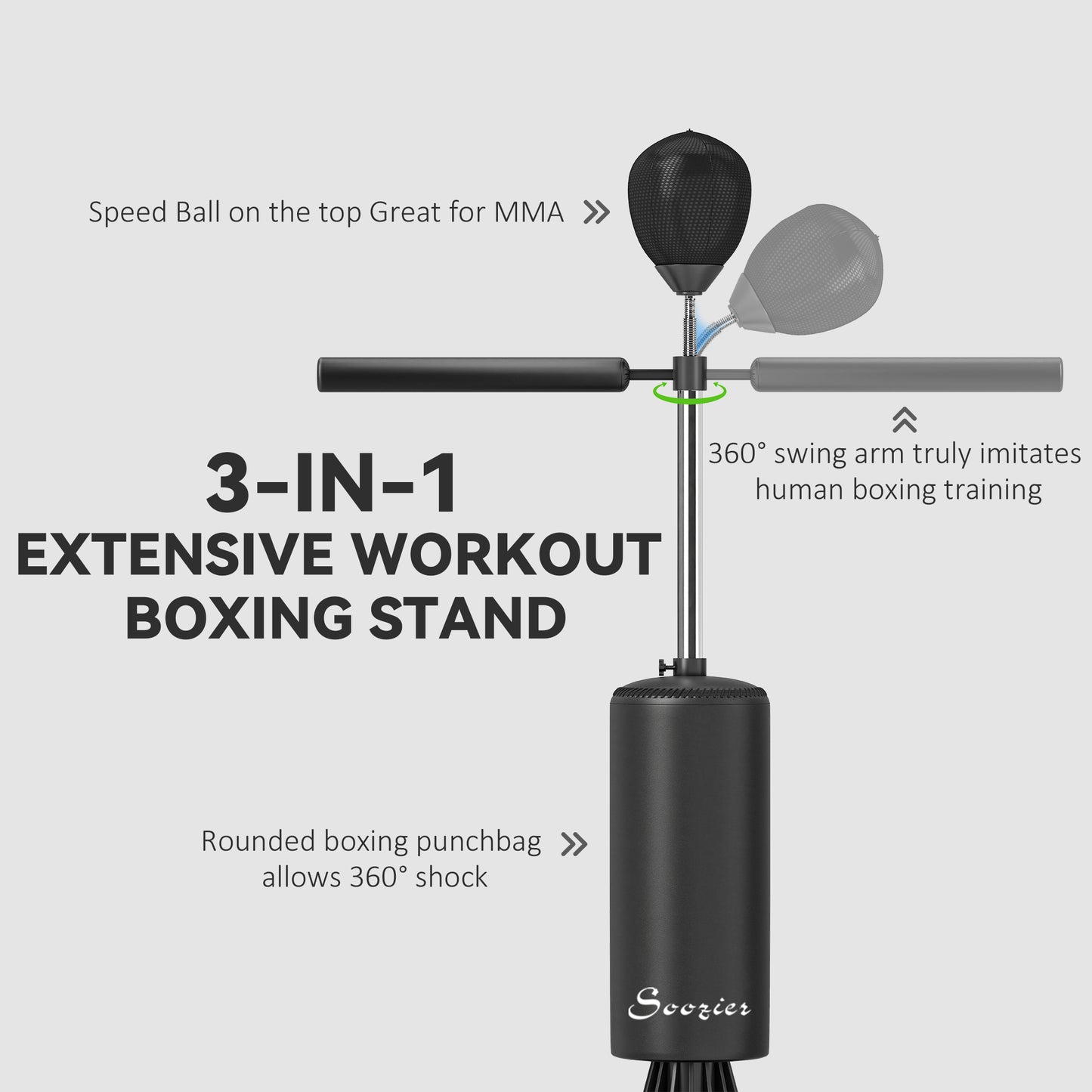 Soozier Freestanding Boxing Punch Bag Stand with 360° Rotating Flexible Arm, Speed Ball, Waterable and Sandable Base, Bl