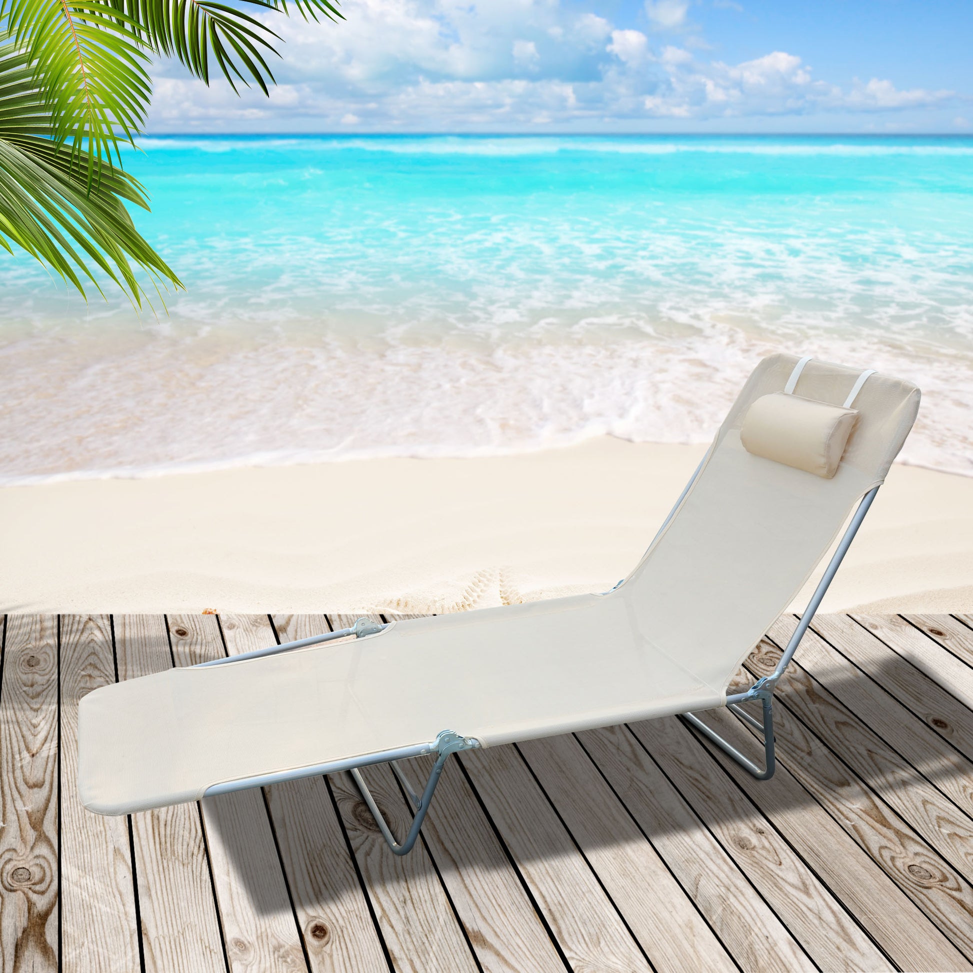 Outdoor Lounge Chair, Portable Adjustable Reclining Seat Folding Chaise Lounge Patio Camping Beach Tanning Chair Bed wit