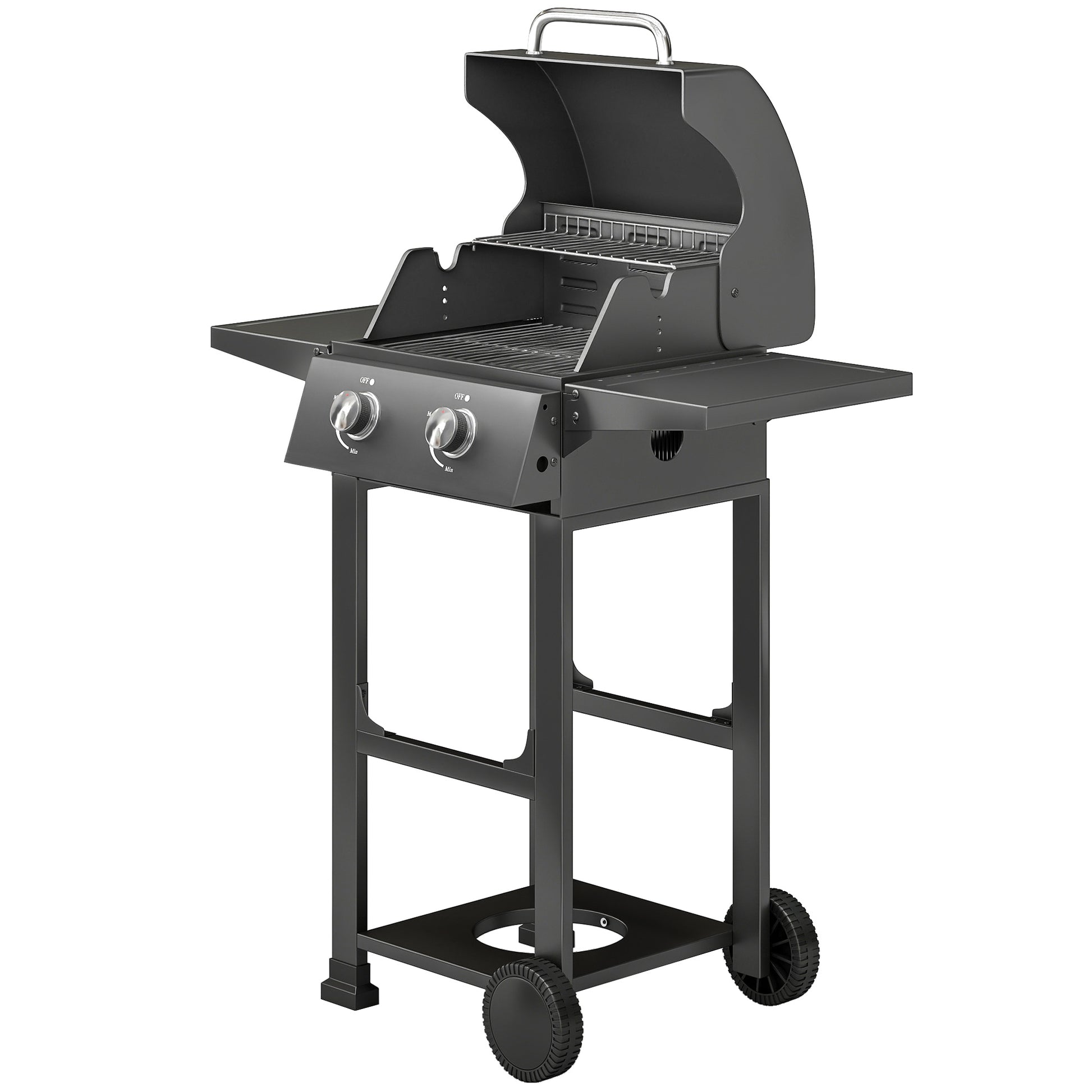 2 Burner Propane Gas Grill with Wheels, 18,400 BTU Portable BBQ Grill with Foldable Side Shelves, Warming Rack, Black