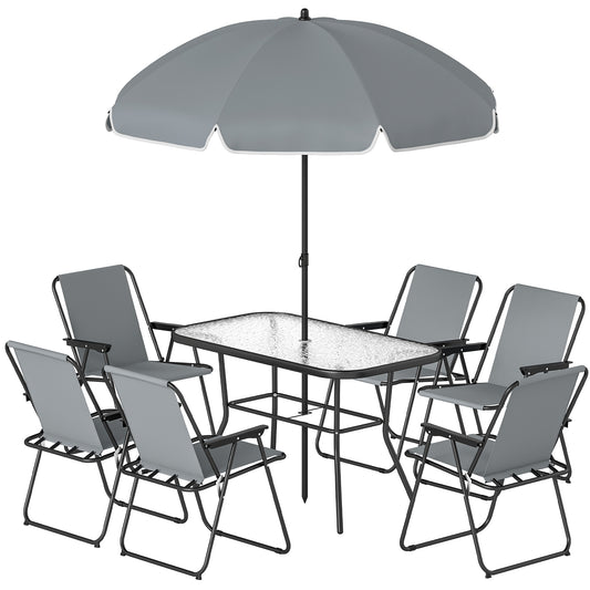 8 Piece Patio Table and Chairs Set with Folding Chairs, Tempered Glass Tabletop and Umbrella for Garden, Grey