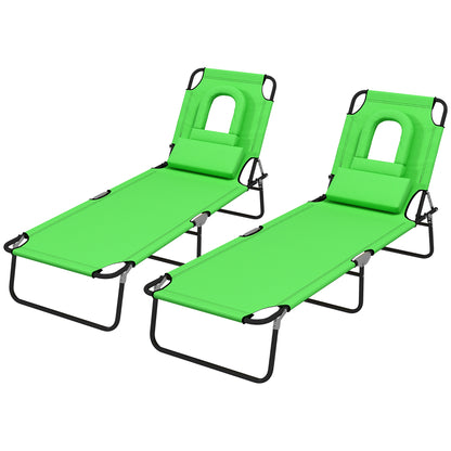 Folding Lounge Chair Set of 2, Reclining Beach Tanning Chair with Face Hole, Pillow, 4-Position Adjustable Flat Sun Loun