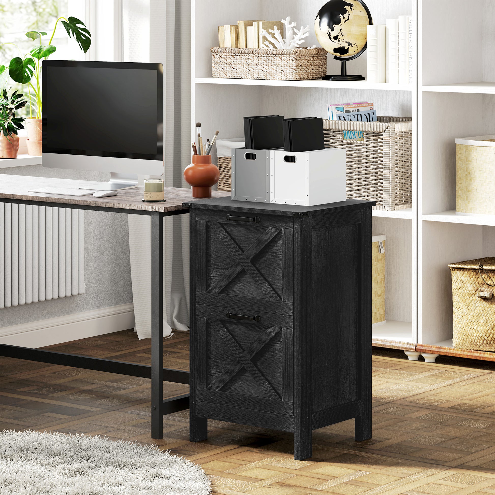 Vertical Filing Cabinet with 2 Drawers, Rustic Farmhouse Office Storage Cabinet for A4, Letter Size, Distressed Black
