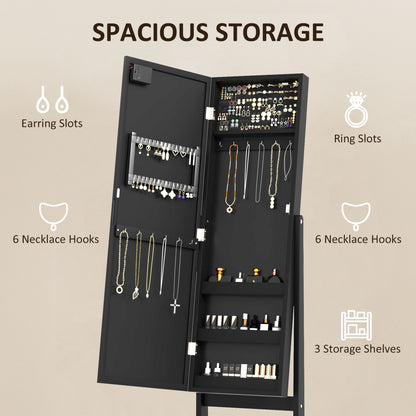Free Standing Armoire Organizer, Lighted Mirrored Jewelry Cabinet w/ Angle Adjustable & 16 LED Lights Black