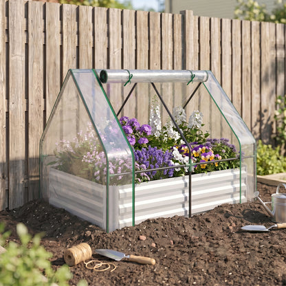 Steel Outdoor Raised Garden Bed with Greenhouse,Cover, Roll Up Door, Dual Use, 50"x37.4"x36.2", Clear