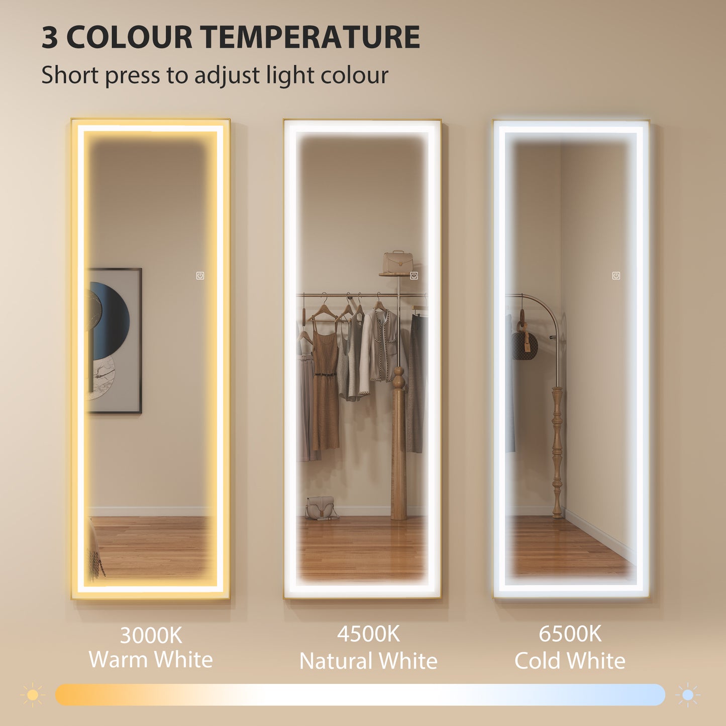 LED Mirror with Dimmable and 3 Colour Lights, 64" x 21" Rectangular Floor Mirror for Bedroom Living Room, Gold