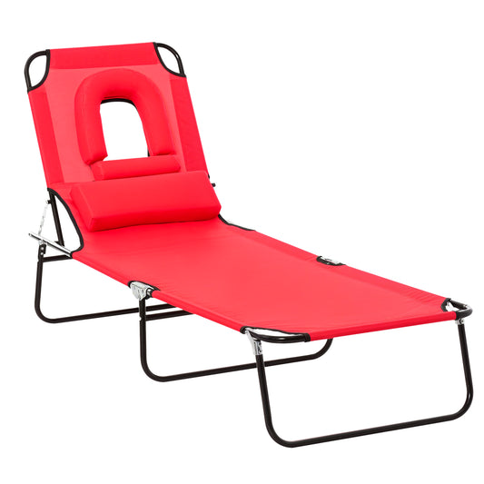Folding Chaise Lounge Chair, Reclining Beach Tanning Chair with Face Hole, Pillow, 4-Position Adjustable Lay Flat Sun Lo