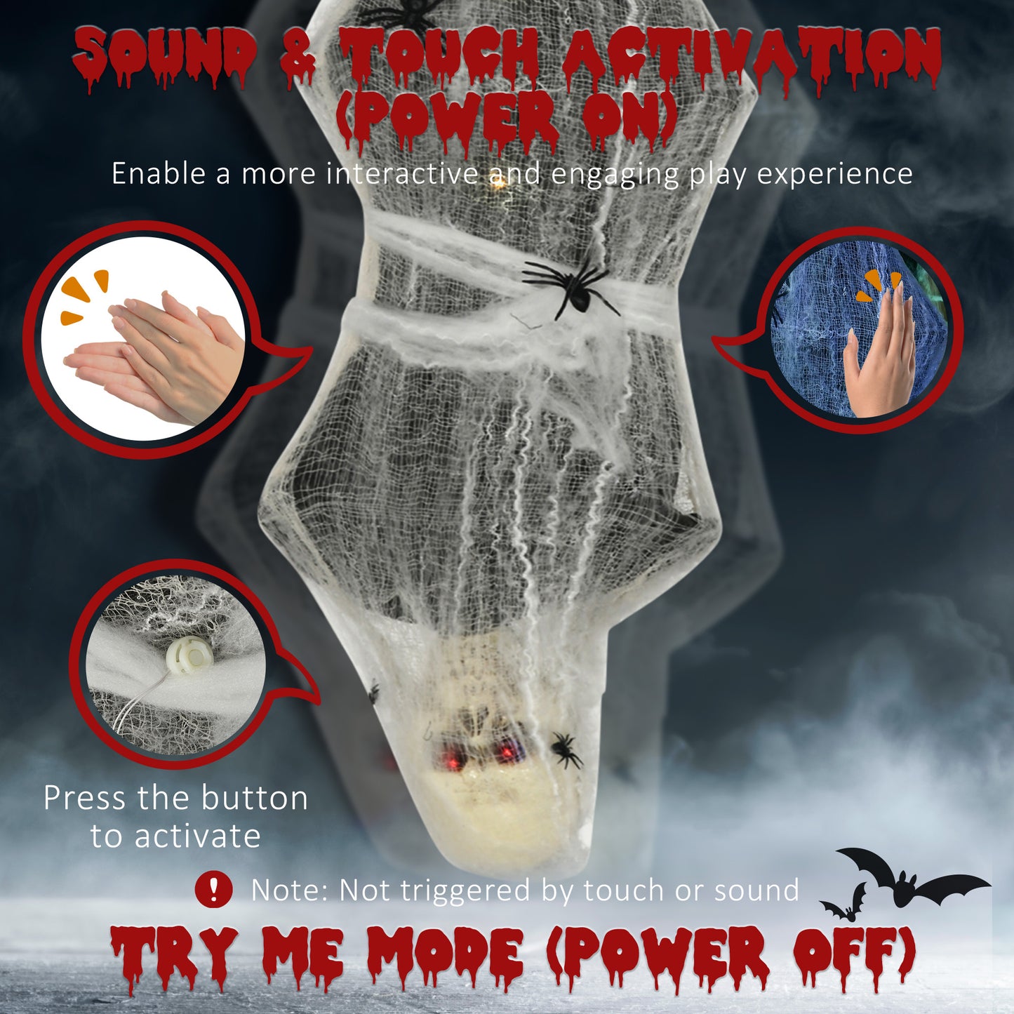 55.9 Inch/4.7ft Life Size Outdoor Halloween Decoration Hanging Mummy with Spider Web, Animated Prop Decor with Sound and