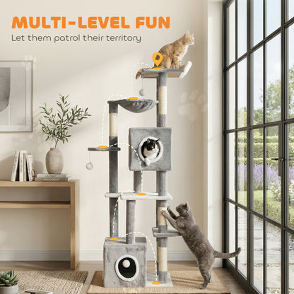 65 Inch Cat Tree with 2 Doors Condos, Plush Top Perch, Hammock, Sisal Scratching Posts, 4 Pompoms, Ramp, Grey