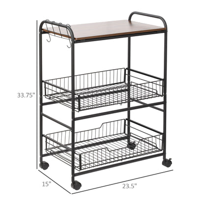 Rolling Kitchen Cart, 3-Tier Utility Storage Cart with 2 Basket Drawers & Side Hooks, Lockable Casters for Dining Room