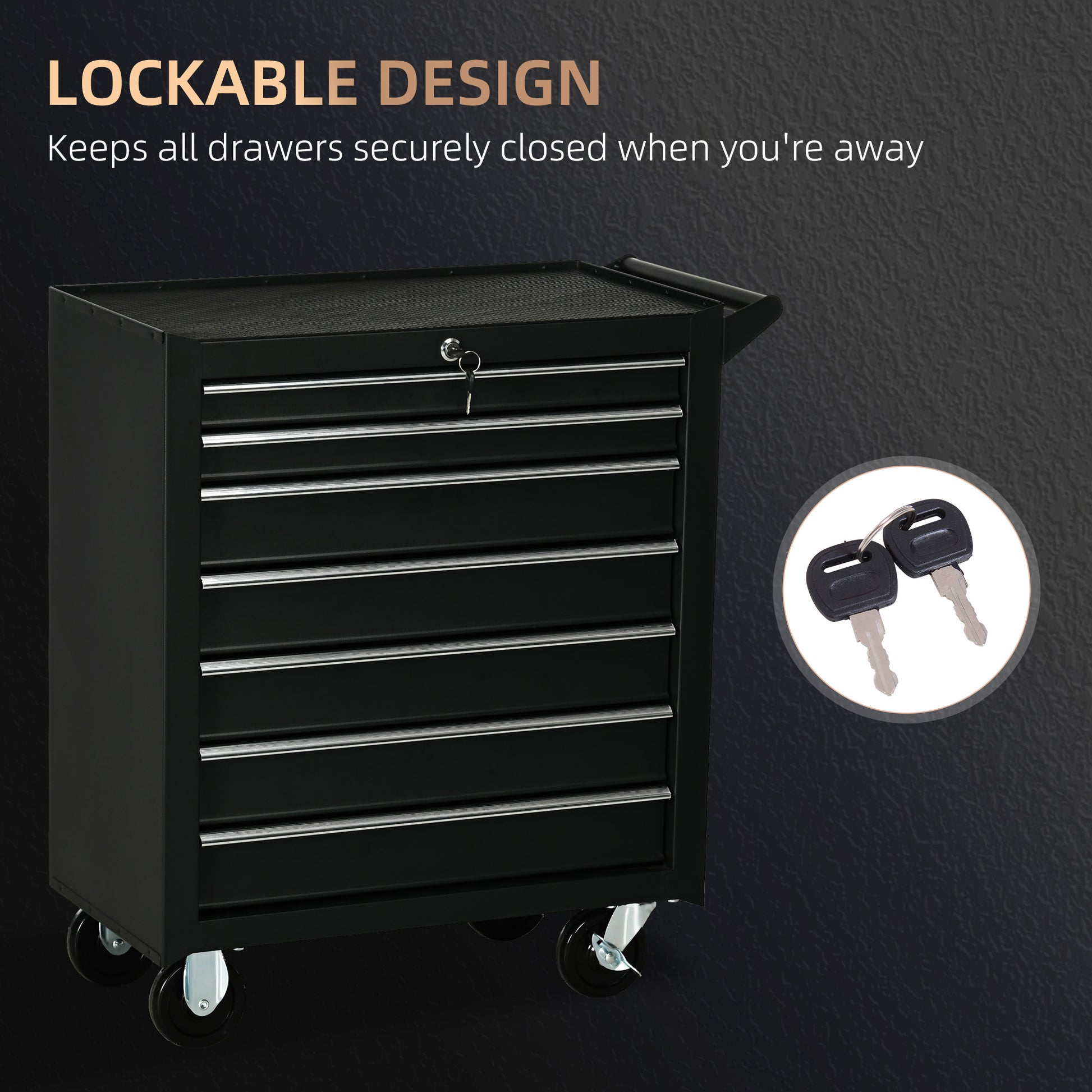 Mobile Lockable Toolbox, 7 Drawer Tool Chest, Storage Organizer with Handle for Workshop, Mechanics, Garage, Black
