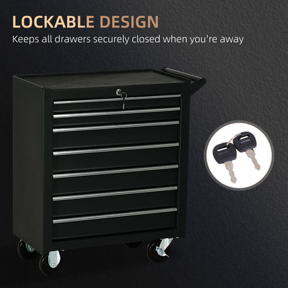 Mobile Lockable Toolbox, 7 Drawer Tool Chest, Storage Organizer with Handle for Workshop, Mechanics, Garage, Black