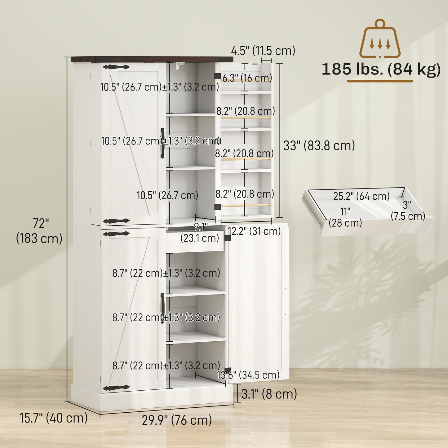 72" Tall Kitchen Pantry Cabinet, Farmhouse Storage Cabinet with 8 Door Racks and Adjustable Shelves, White