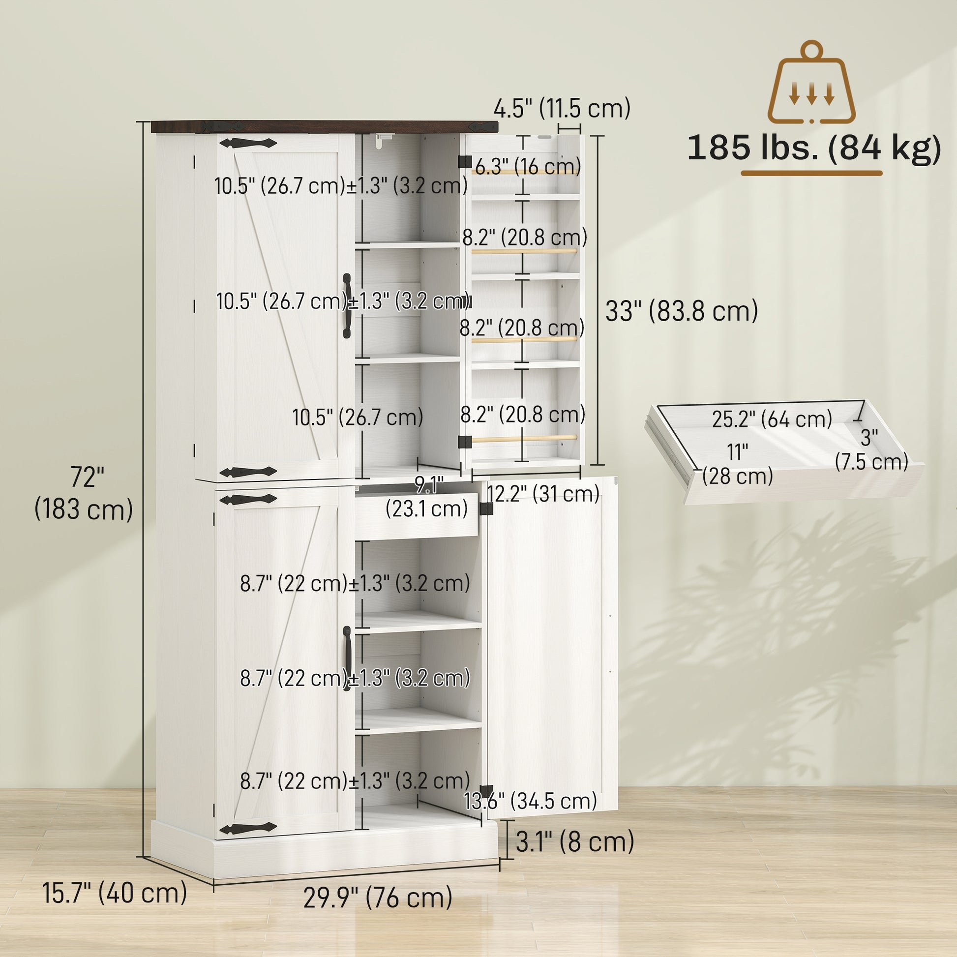 72" Tall Kitchen Pantry Cabinet, Farmhouse Storage Cabinet with 8 Door Racks and Adjustable Shelves, White