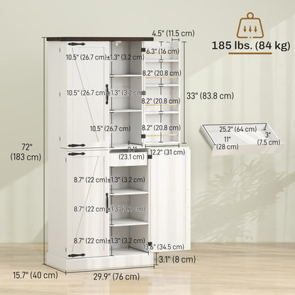 72" Tall Kitchen Pantry Cabinet, Farmhouse Storage Cabinet with 8 Door Racks and Adjustable Shelves, White