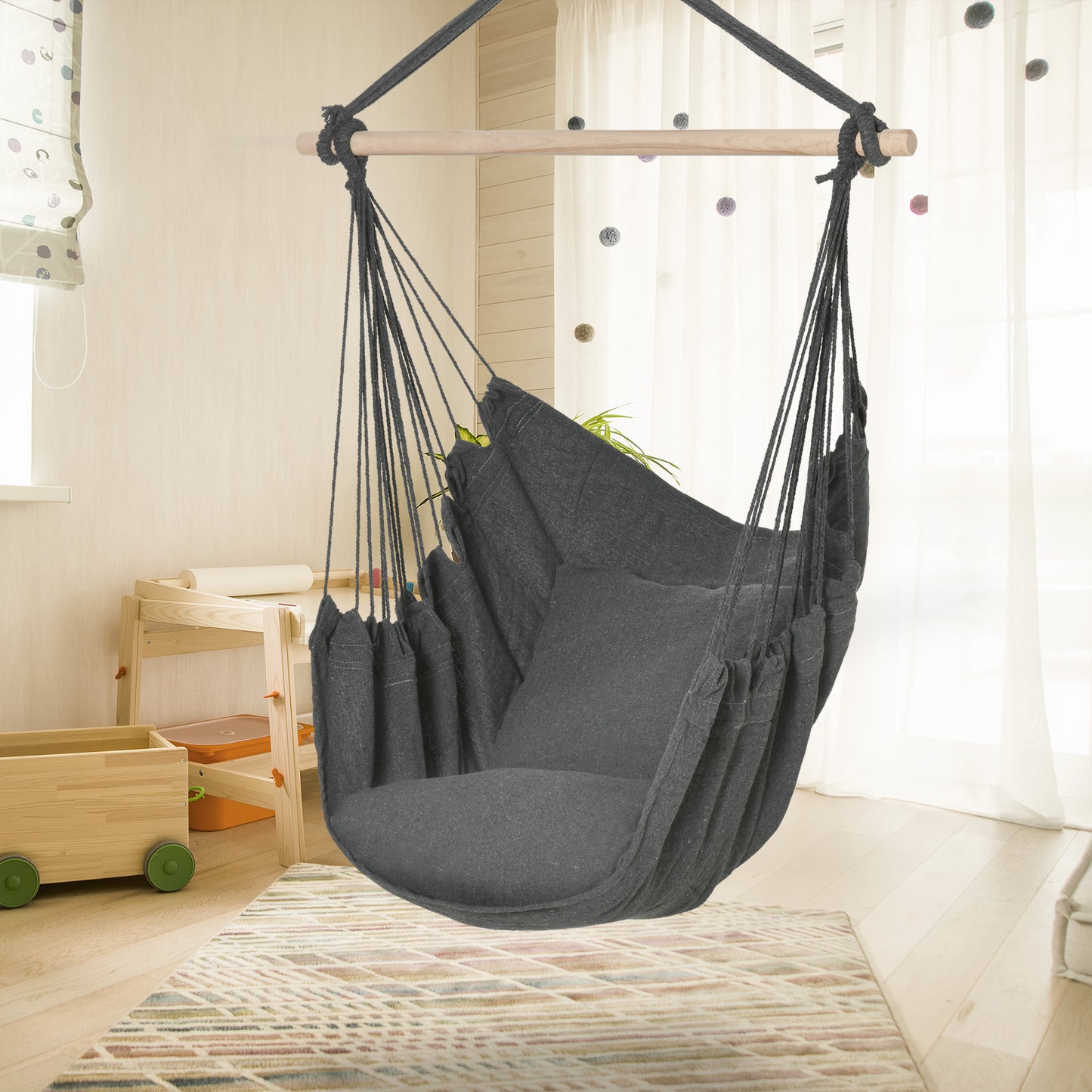 Hammock Chair Swing Hanging Macrame Chair Cotton w/ Two Soft Seat Cushions, for Bedroom Indoor Outdoor Ideal Gift for Ki