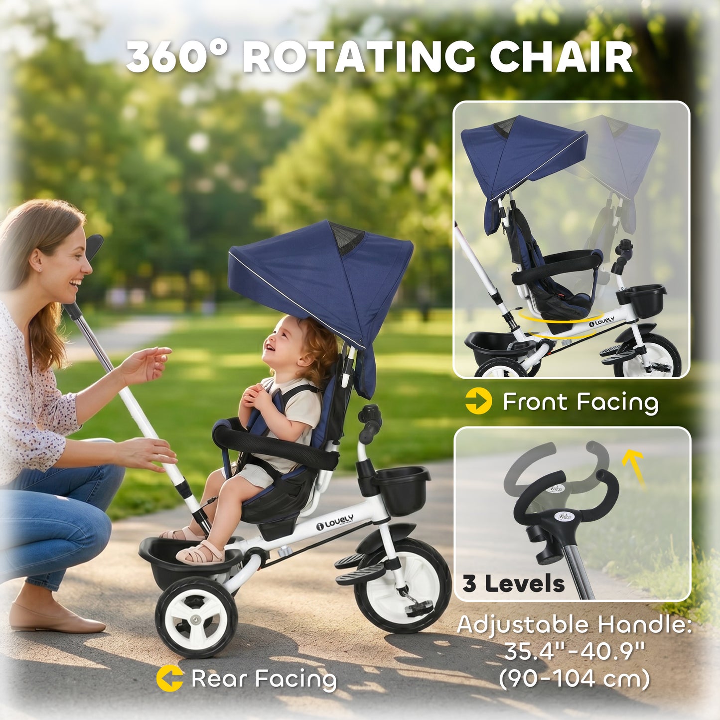Qaba 6 in 1 Toddler Tricycle with Parent Push Handle, Canopy, Storage Baskets, Cupholder, Dark Blue