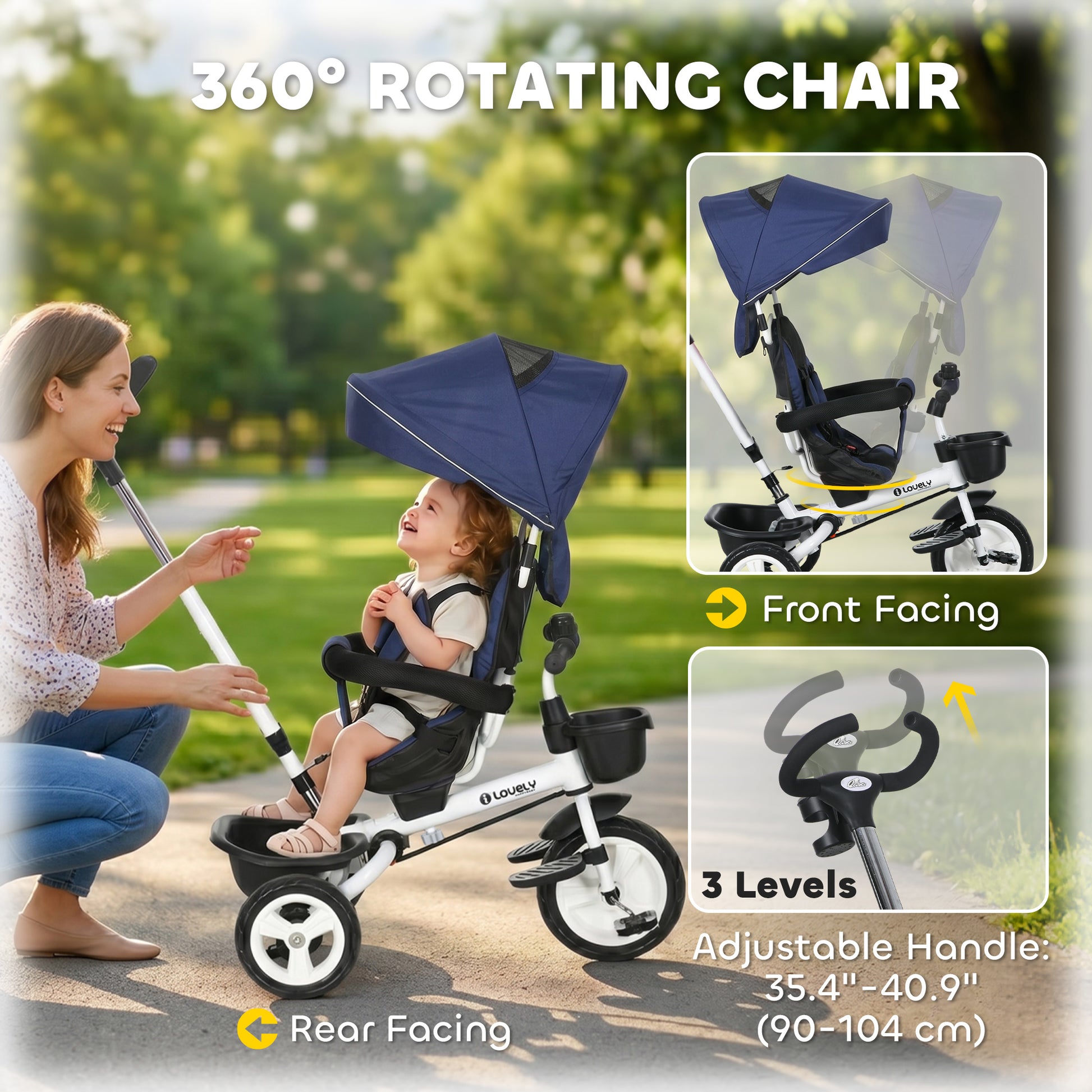 Qaba 6 in 1 Toddler Tricycle with Parent Push Handle, Canopy, Storage Baskets, Cupholder, Dark Blue
