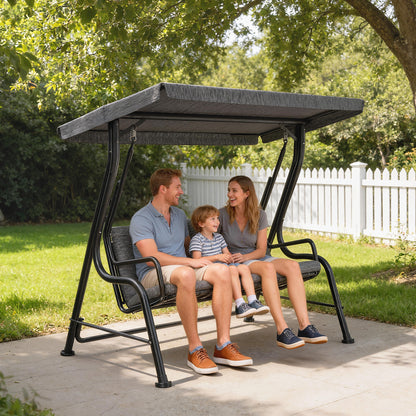 3-Person Porch Swing Chair, Patio Swing Bench with Adjustable Canopy, Removable Thicken Cushion, Black