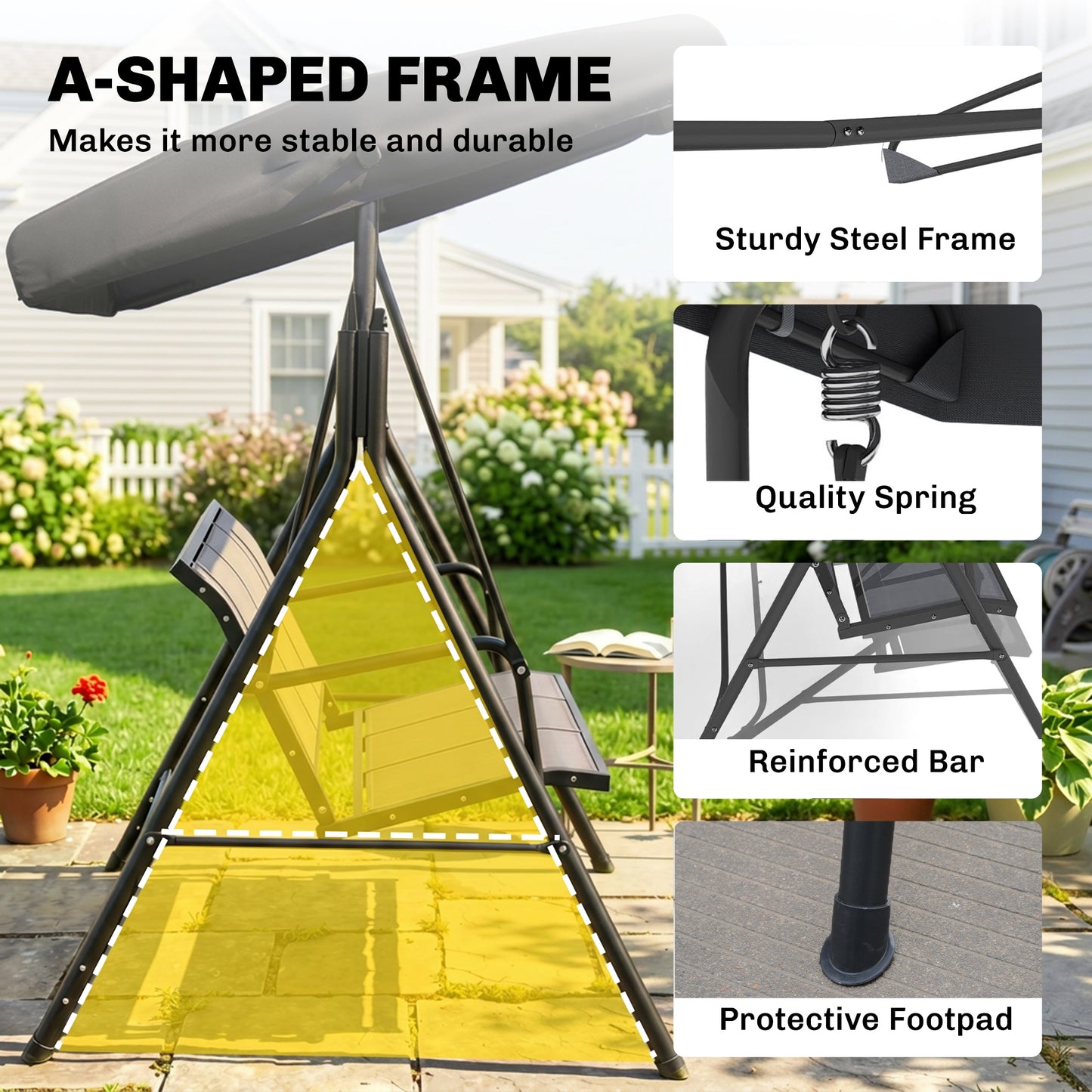 3-Seater Swing Chair Covered Garden Hammock A-Frame Outdoor Porch Glider Sling Seat with Adjustable Canopy Cover, Black
