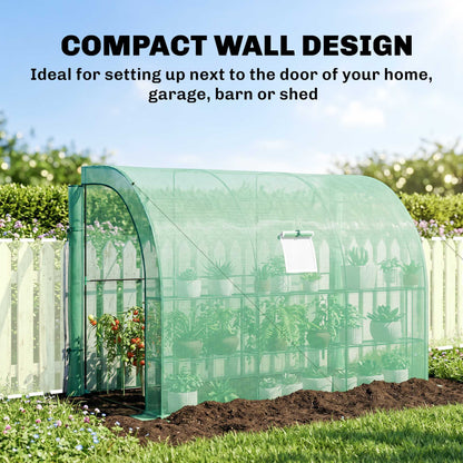 Walk-in Wall Lean-to Greenhouse, 10' x 5' x 7' Outdoor Gardening Green House with PE Cover, Windows, Shelves and 2 Zippe