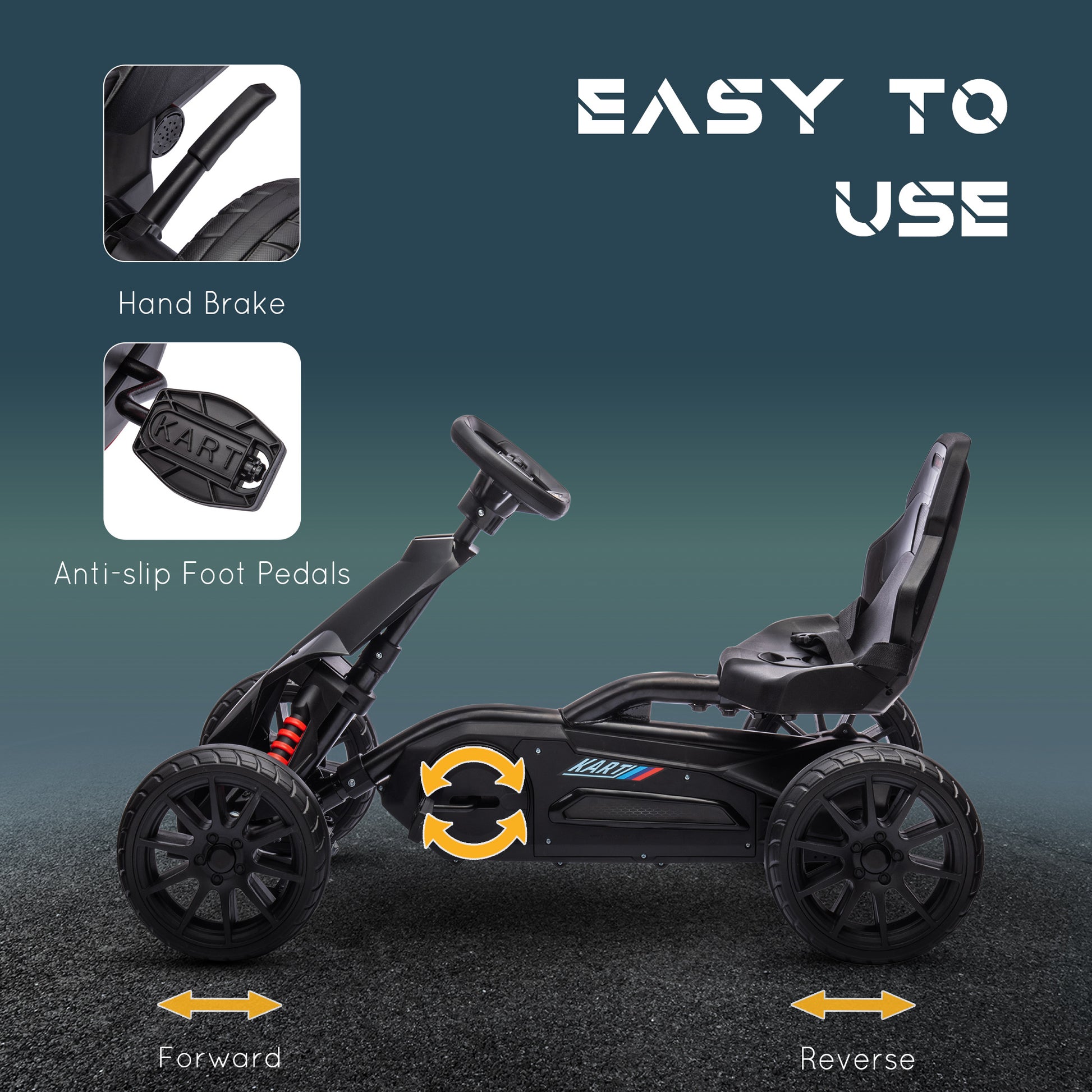 VarietyKart Pedal Go Kart with Adjustable Seat, Forward, Backward, Handbrake, Shock Absorption for 3-8 Years, Black