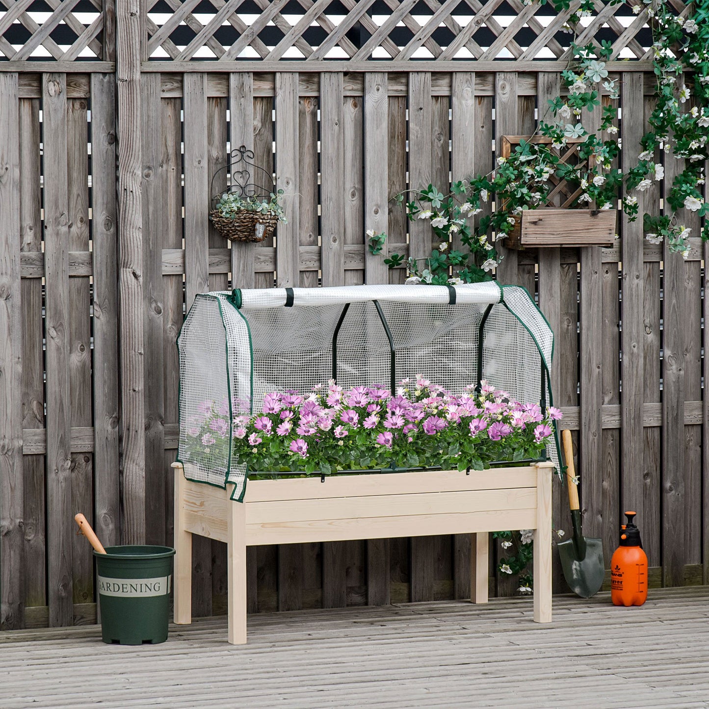 Raised Garden Bed with PE Greenhouse Cover Outdoor Elevated Wood Planter Box for Herbs and Vegetables, Use for Patio, Ba