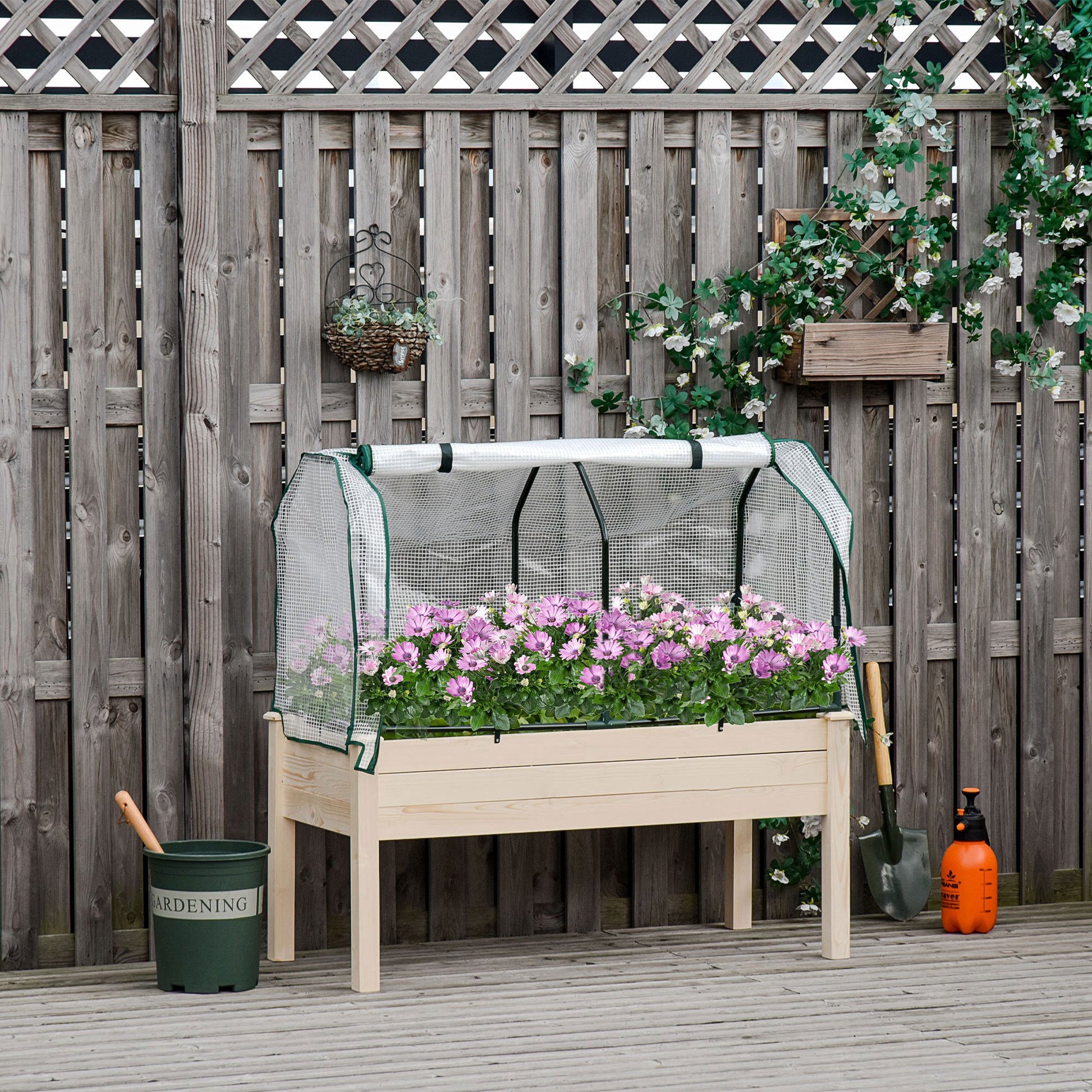 Raised Garden Bed with PE Greenhouse Cover Outdoor Elevated Wood Planter Box for Herbs and Vegetables, Use for Patio, Ba