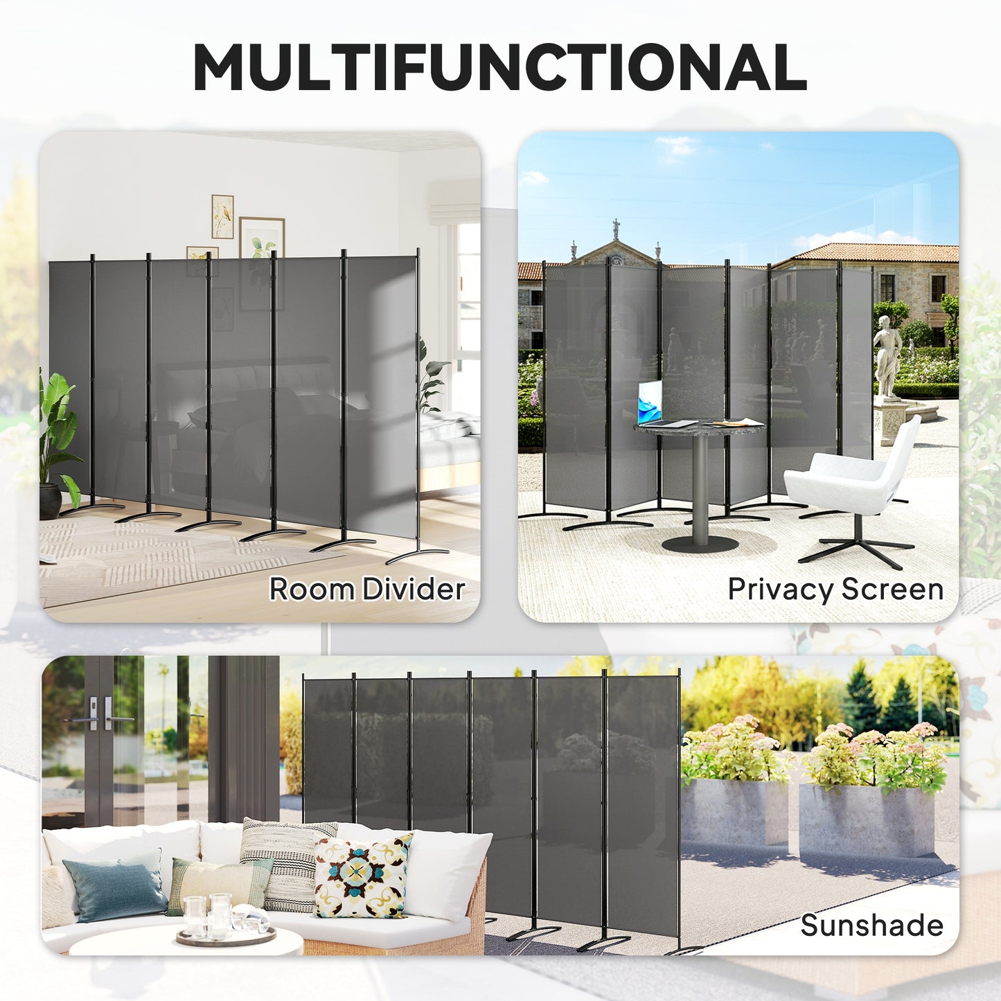 6 Panel Folding Outdoor Privacy Screen with Stable Base, 5.7FT Tall Room Divider with UV30+ Protection, Dark Grey