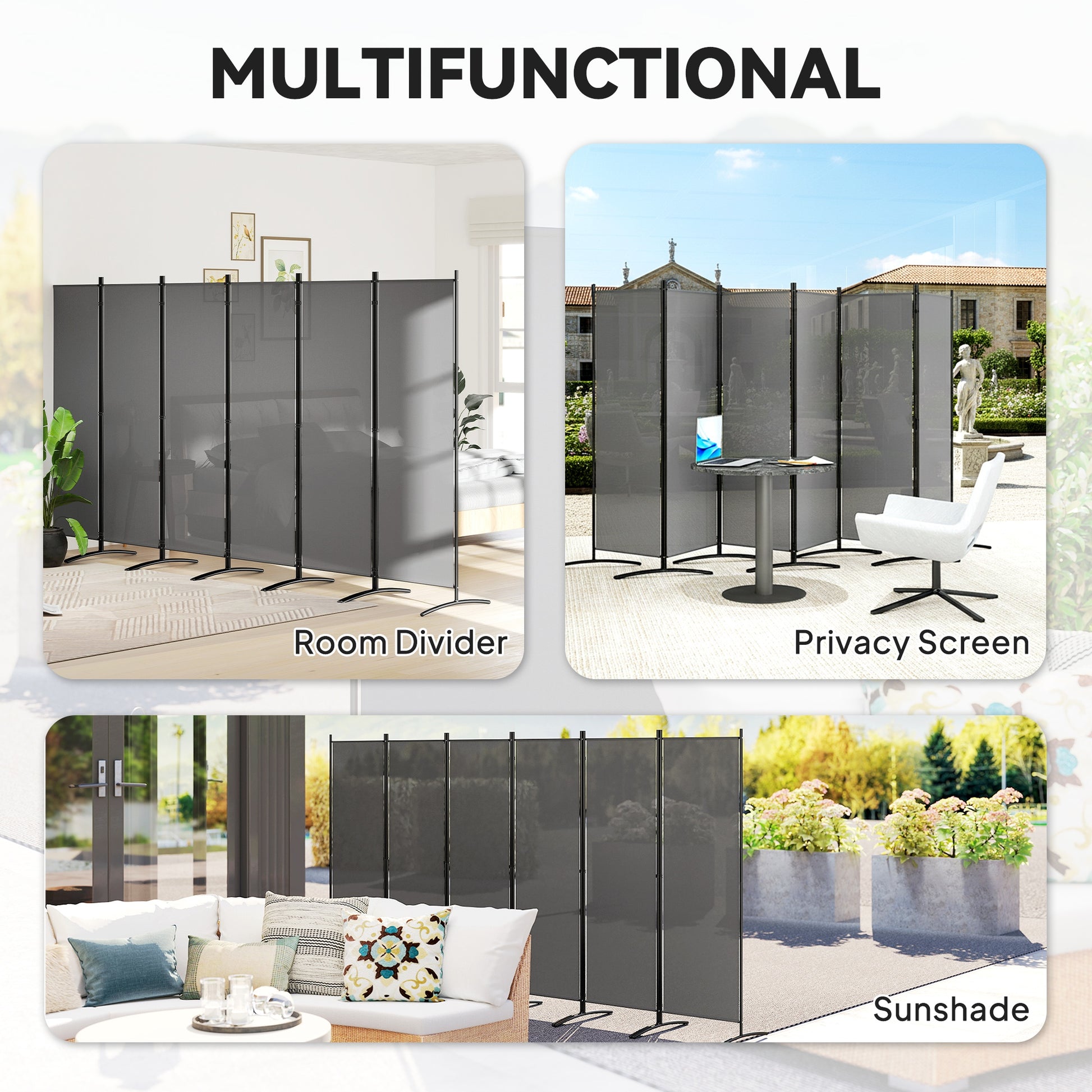 6 Panel Folding Outdoor Privacy Screen with Stable Base, 5.7FT Tall Room Divider with UV30+ Protection, Dark Grey