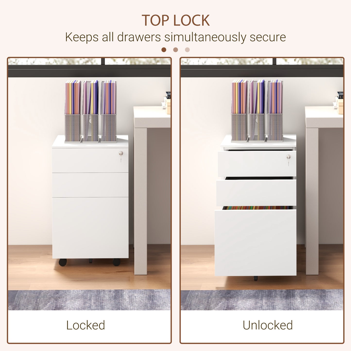 Vertical Steel Filing Cabinet on Wheels, 3-Drawer Lockable File Cabinet with Adjustable Hanging Bar for A4, Legal and Le