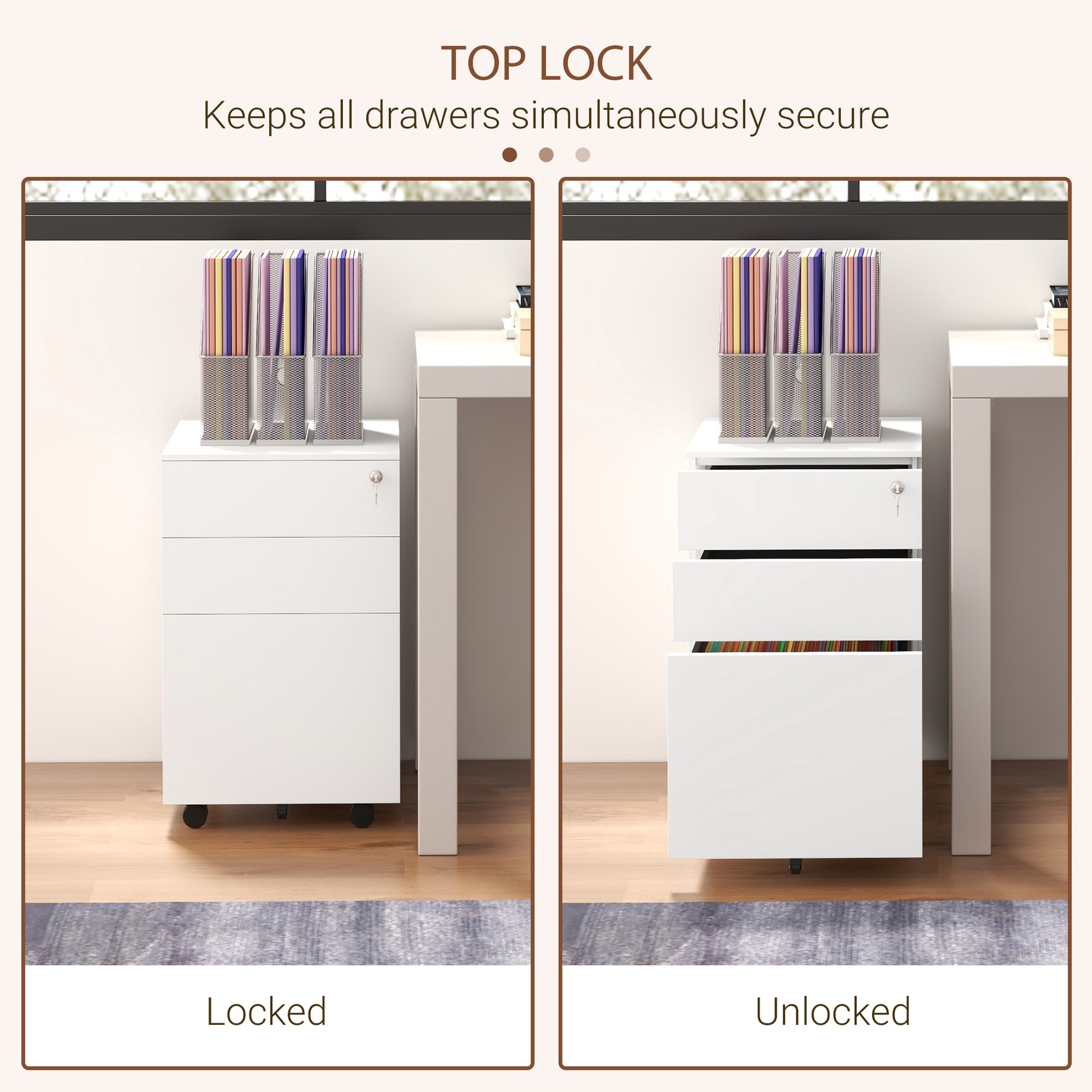Vertical Steel Filing Cabinet on Wheels, 3-Drawer Lockable File Cabinet with Adjustable Hanging Bar for A4, Legal and Le