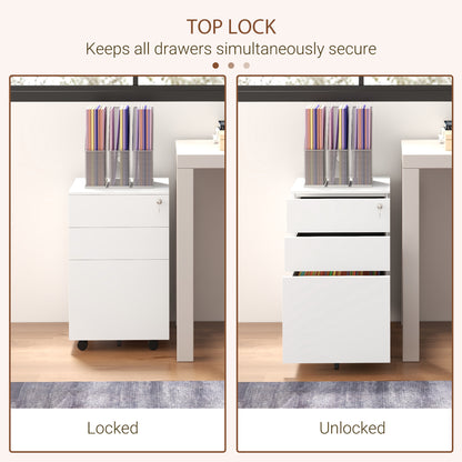 Vertical Steel Filing Cabinet on Wheels, 3-Drawer Lockable File Cabinet with Adjustable Hanging Bar for A4, Legal and Le
