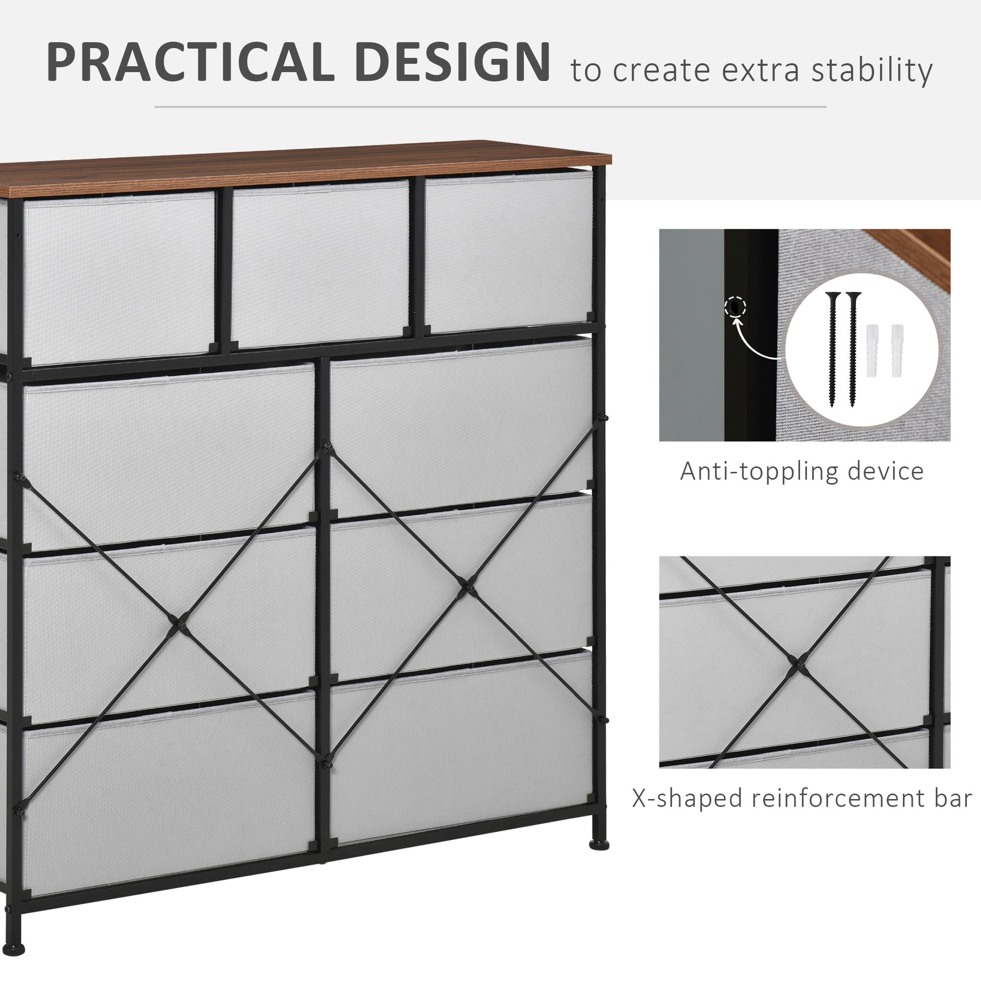 Dresser for Bedroom with 9 Drawers, 4-Tier Fabric Chest of Drawers, Tall Dresser Storage Tower with Steel Frame and Wood