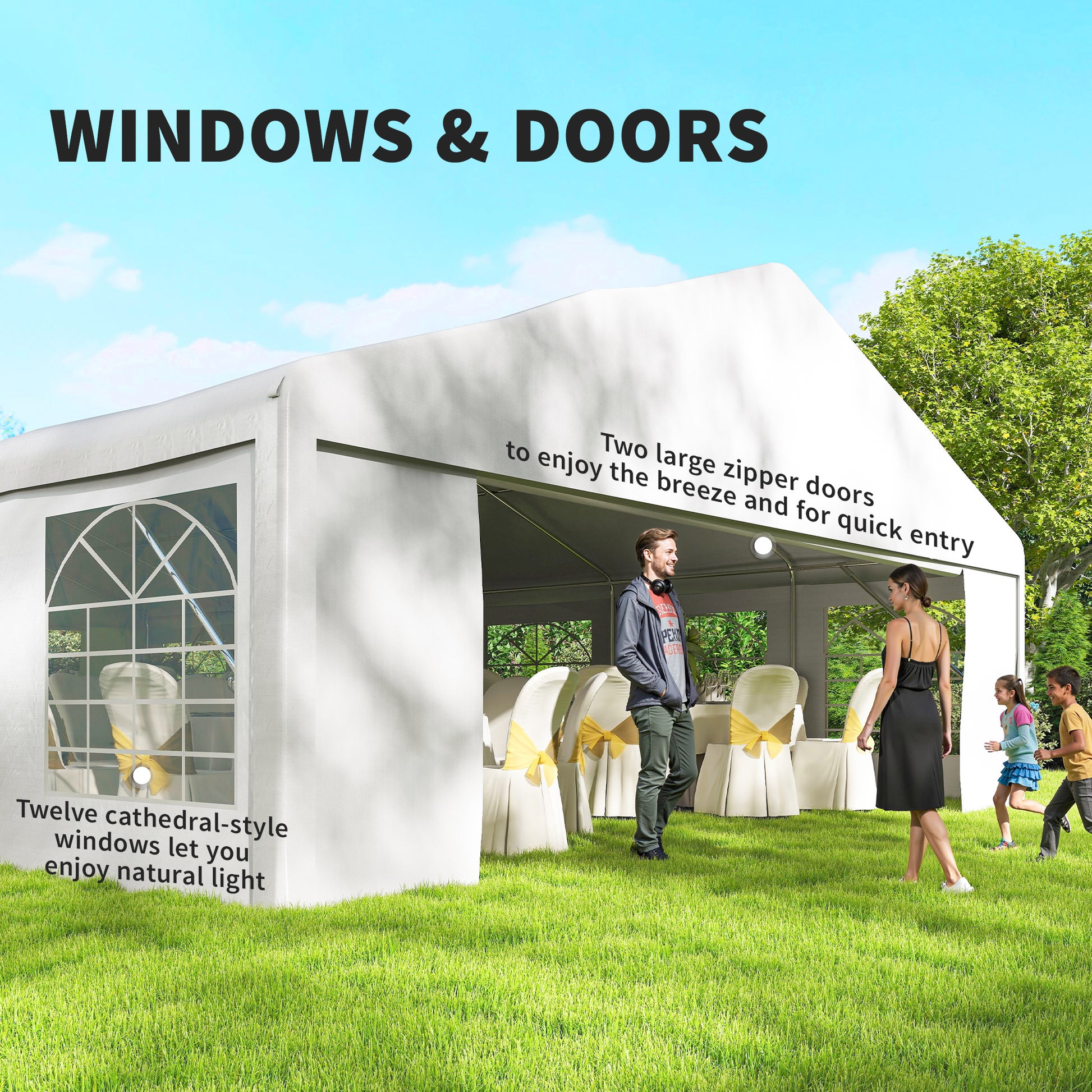 23' x 39' Party Tent, Heavy Duty Outdoor Canopy Tent Shelter with 2 Doors and 12 Windows for Parties, Events, White