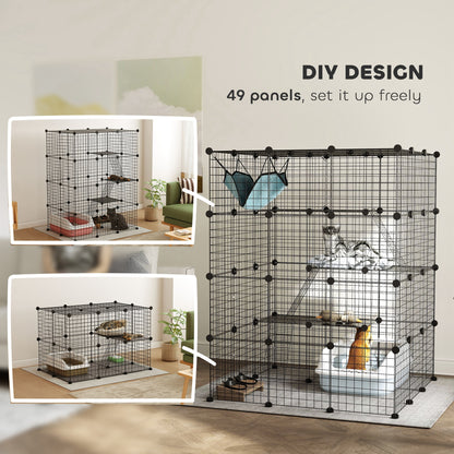 4 Tier DIY Cat Cage Indoor, Catio for 1-3 Cats with Hammock, 5 Doors, 3 Ramps, 3 Jumping Platforms, for 1-3 Cats, Black