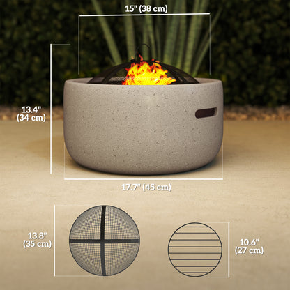 18" Round Outdoor Fire Pit Firepit Fireplace Wood-burning with Spark Screen Poker for Backyard Camping Bonfire, Grey