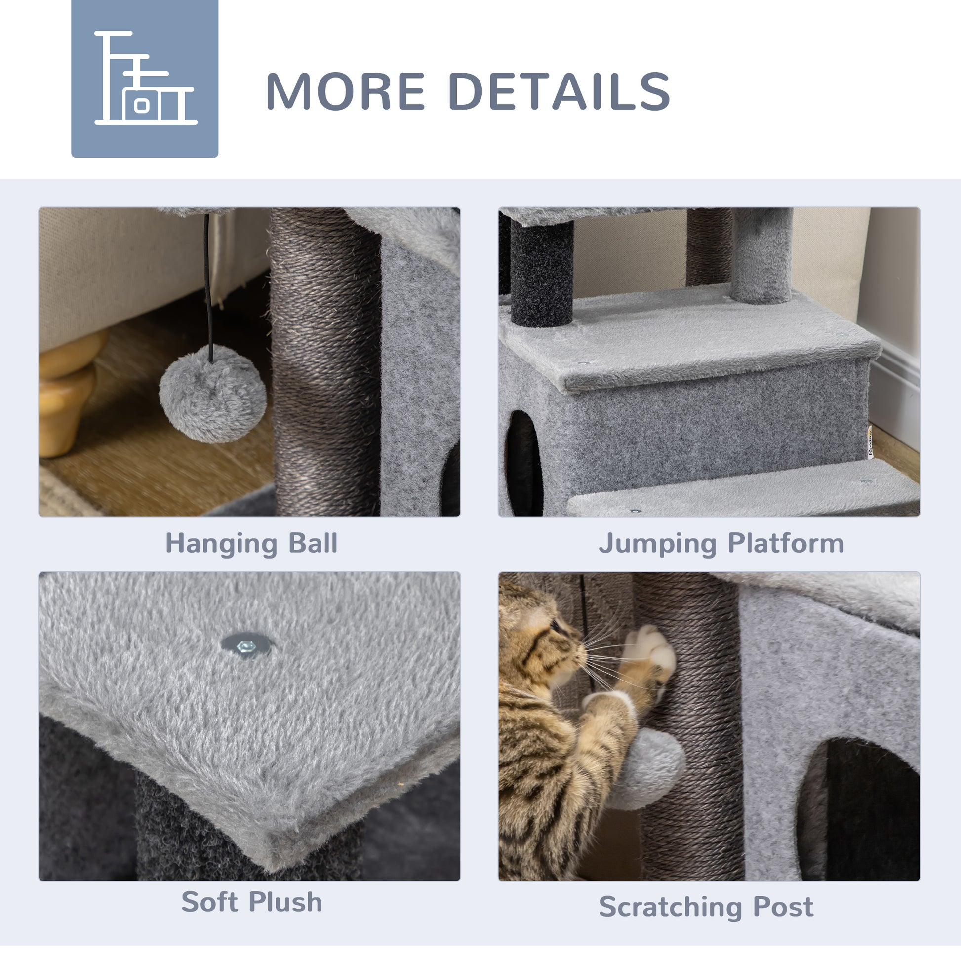 Cat Stairs Pet Steps for Couch Bed with Scratching Posts Condo Ball Toy, 23.6" x 15.7" x 26", Grey