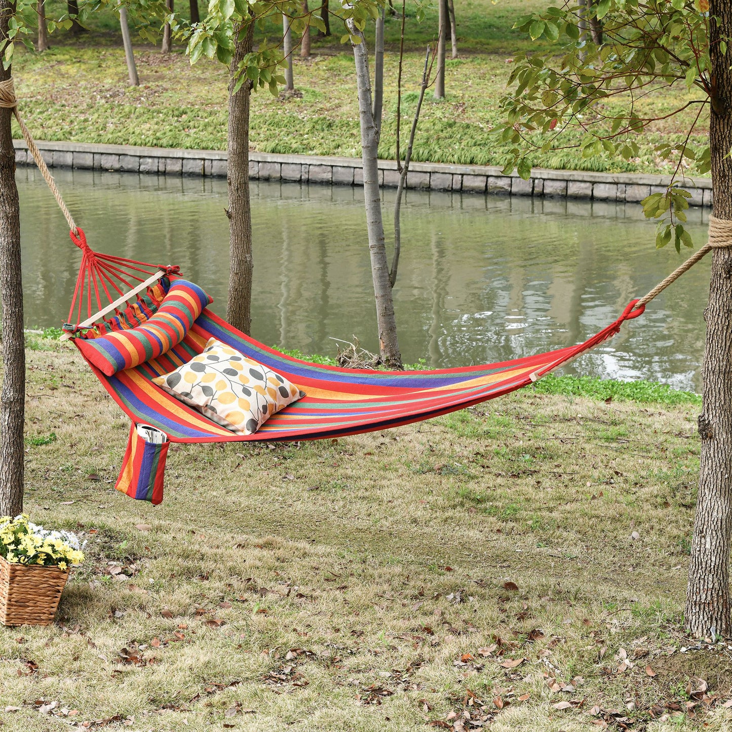 Cotton Hammock Portable Soft Swing Sleeping w/ Headrest & Side Pocket Deluxe Swing Chair for Beach, Yard, Bedroom, Patio