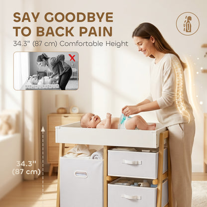 Qaba Baby Changing Table, Diaper Changing Station with Waterproof Pad, 3 Drawers and Large Basket for Newborn & Infant, 