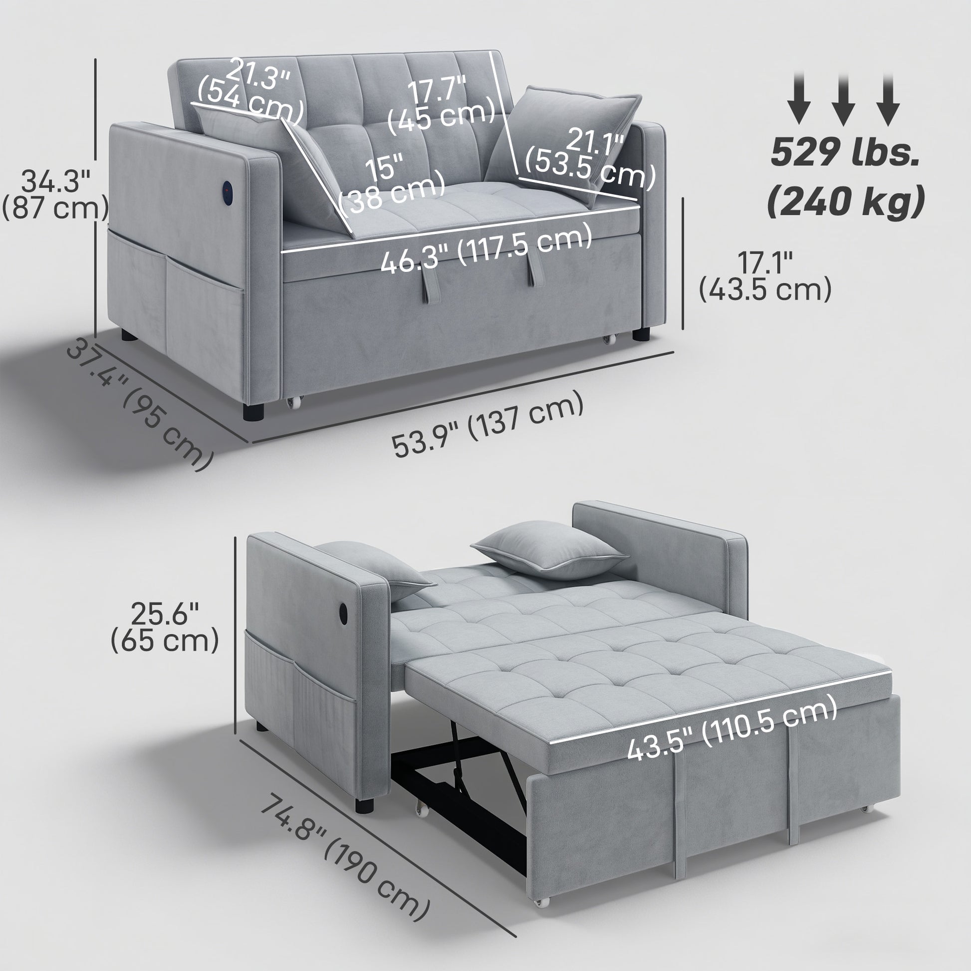 3‑in‑1 Convertible Sofa Bed, Pull Out Sleeper Sofa with USB Charging, Adjustable Backrest, Side Pockets, Light Grey