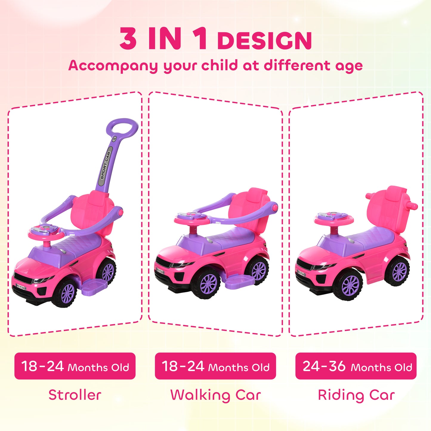 VarietyKart 3 in 1 Kid Ride on Push Car, Toddlers Sliding Walking Car, with Horn, Music, Light, Parent Control Handle, S
