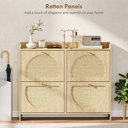 4 Flip-Drawer Shoe Cabinet, Shoe Storage Cabinet with Rattan Doors and Adjustable Shelves, Holds 16 Pairs, Natural