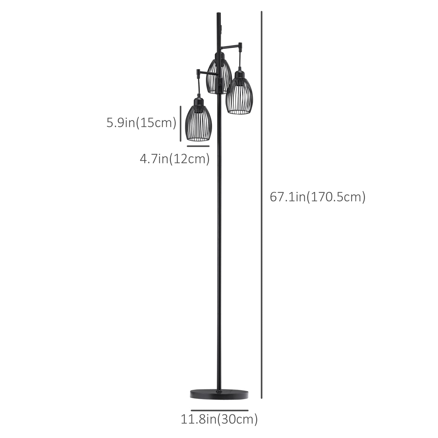 Industrial Floor Lamp with 3 Hanging Wire Lampshades, Dimmable Standing Lamp for Living Room, Bedroom, Dining Room, Stud