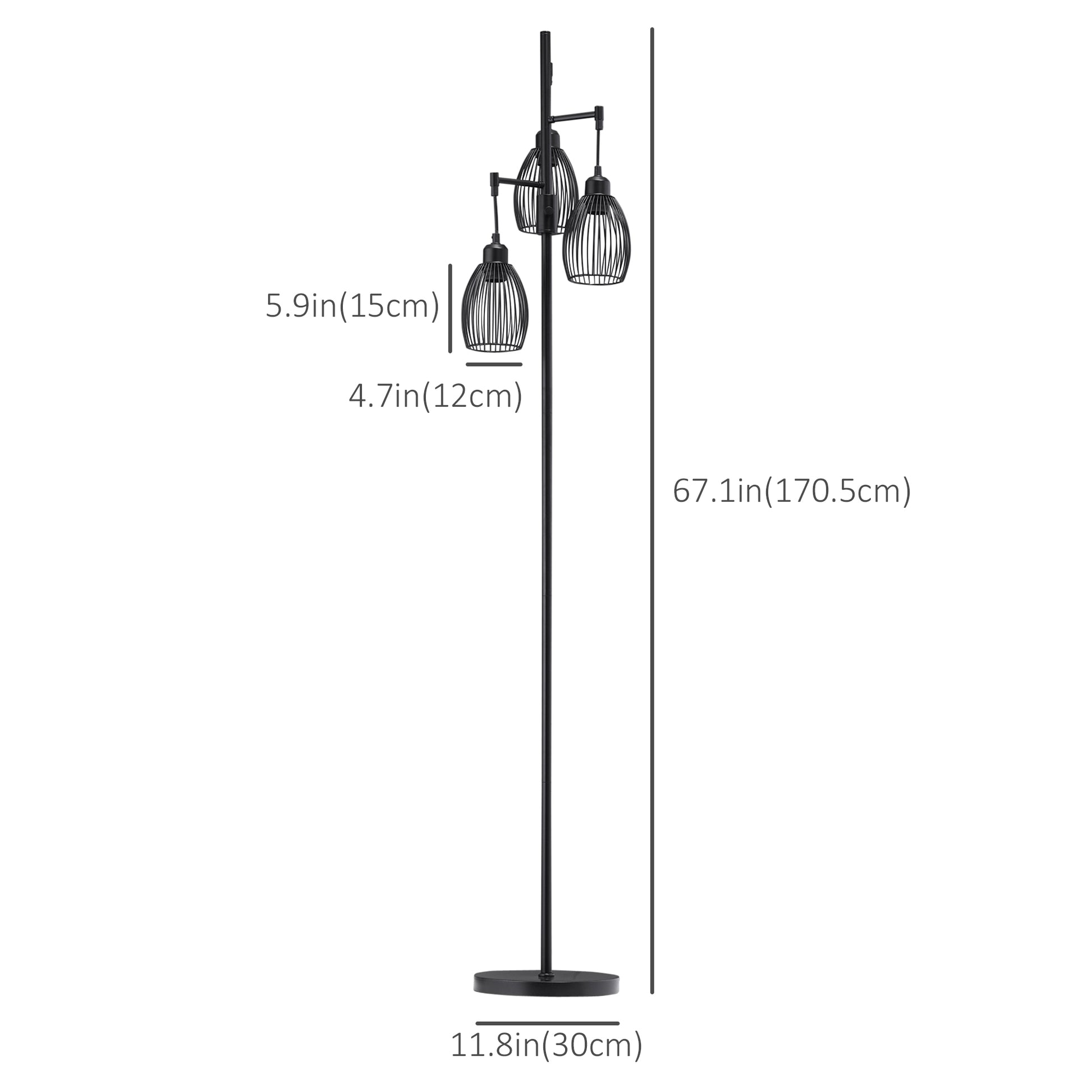 Industrial Floor Lamp with 3 Hanging Wire Lampshades, Dimmable Standing Lamp for Living Room, Bedroom, Dining Room, Stud