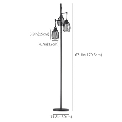 Industrial Floor Lamp with 3 Hanging Wire Lampshades, Dimmable Standing Lamp for Living Room, Bedroom, Dining Room, Stud