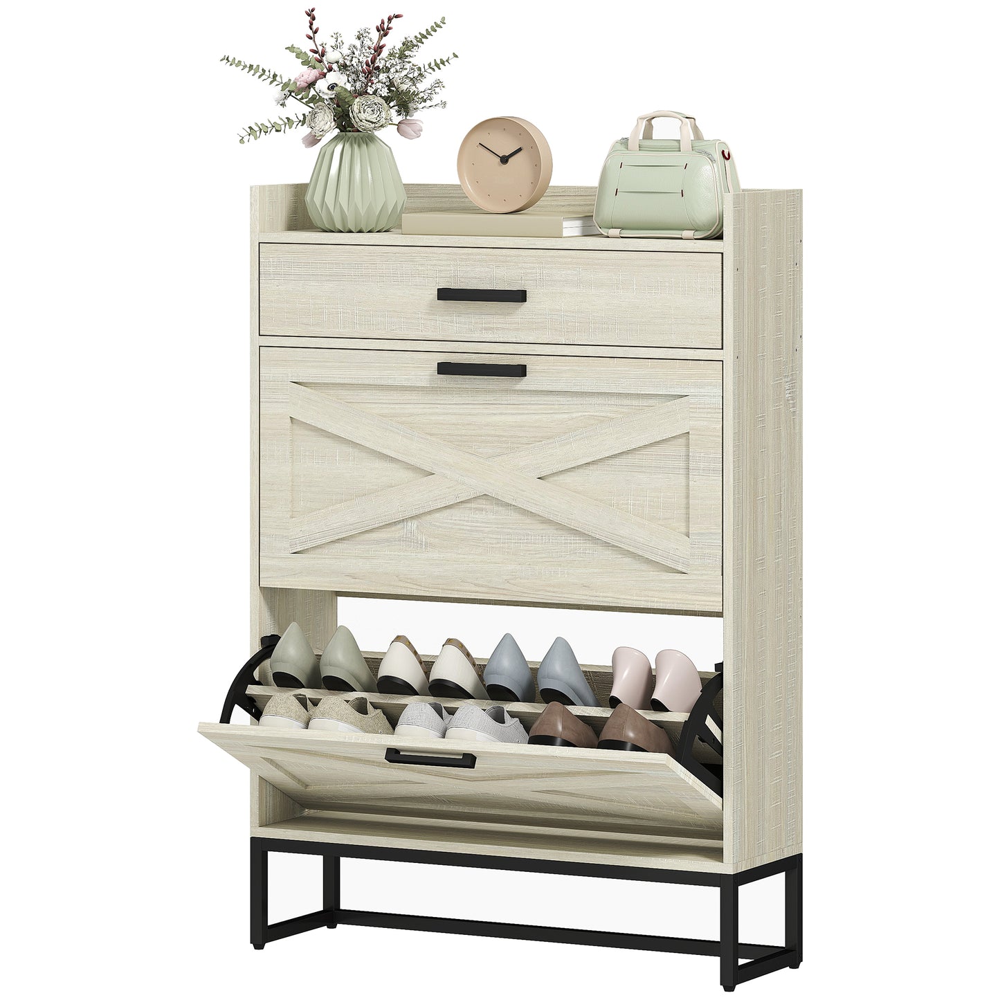 Slim Shoe Storage with 2 Flip Drawers and Adjustable Shelves Shoe Cabinet Organizer for 12 Pair, Distressed White