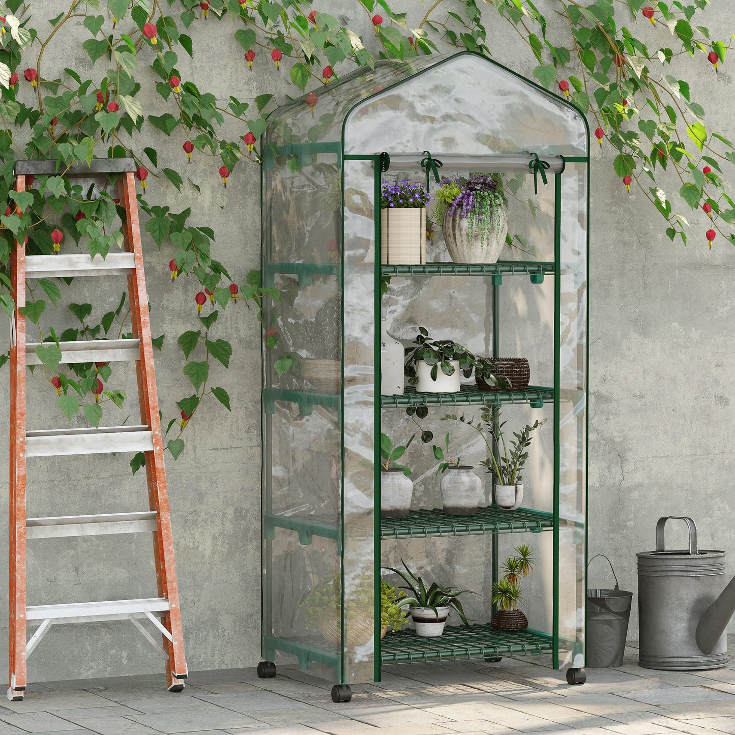 27" x 20" x 65" Portable Greenhouse with 4 Tier Shelves and Wheels, Outdoor Hot House Plant Flower Greenhouse, Steel Fra